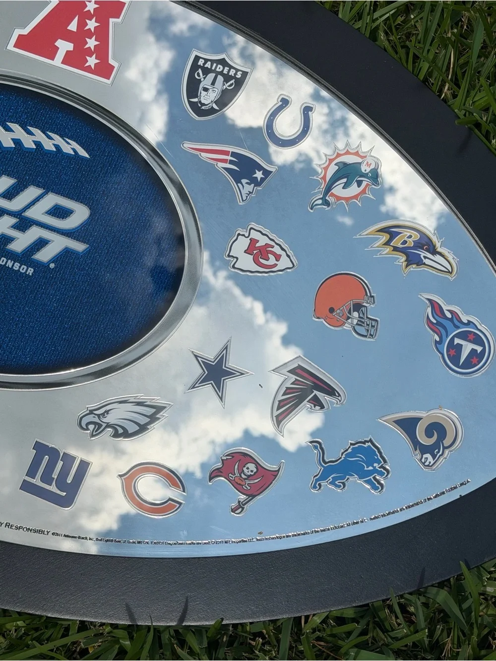 BUD LIGHT NFL OVAL MIRROR SIGN 32 TEAM HELMET LOGOS FRAMED 33x18 2011 Edition